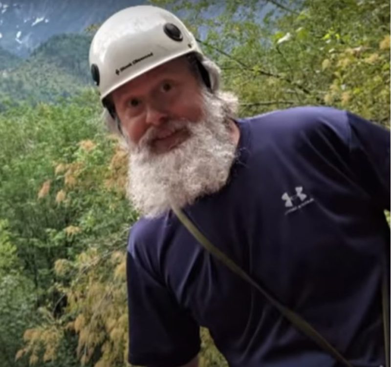 The mountain man goes through a transformation and emerges looking like a silver fox