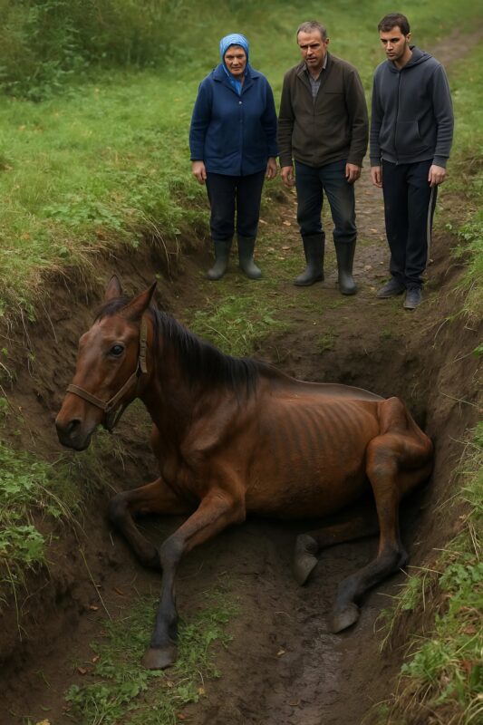 We saw an exhausted horse lying in a ditch unable to get out
