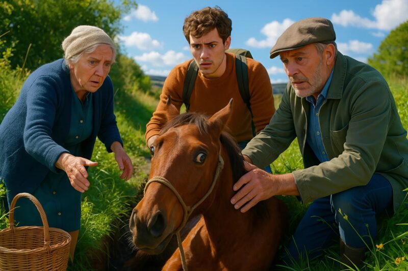 We saw an exhausted horse lying in a ditch unable to get out