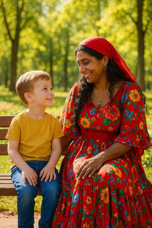 In the park a little boy quietly wrote a single word on the palm of his hand while his caretaker was distracted by her phone