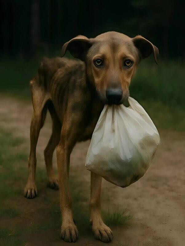 People saw an exhausted dog coming out of the forest with a bag in its mouth