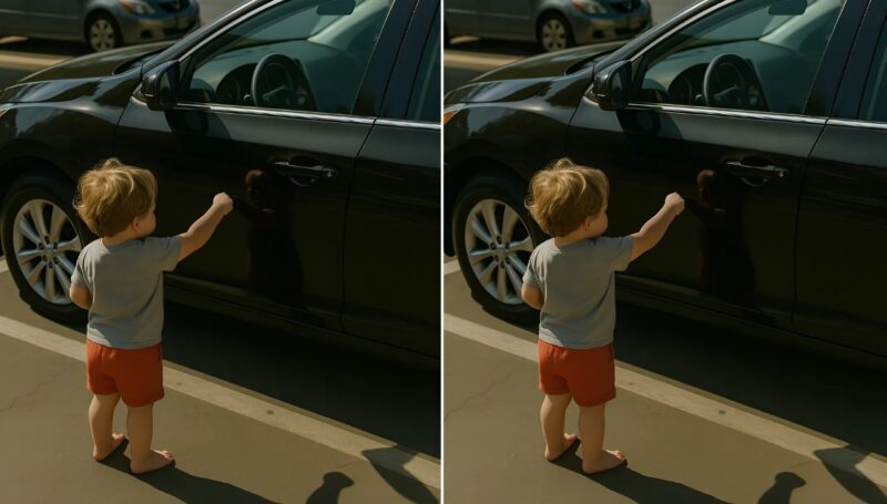 A barefoot child was crying nonstop and pounding on the car door with his fists