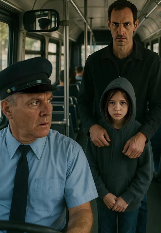 A tall man got on the bus, followed by a girl about seven or eight years old