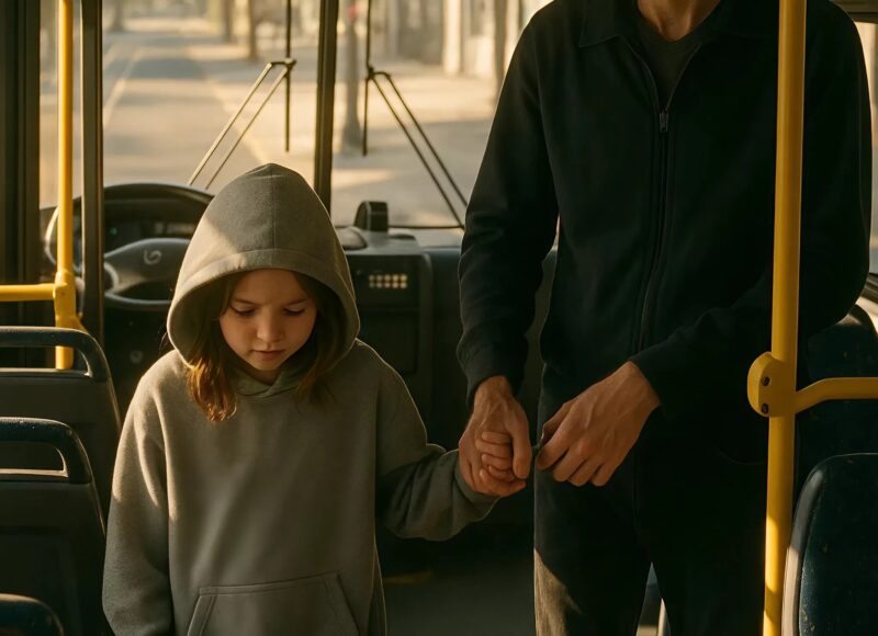 A tall man got on the bus, followed by a girl about seven or eight years old