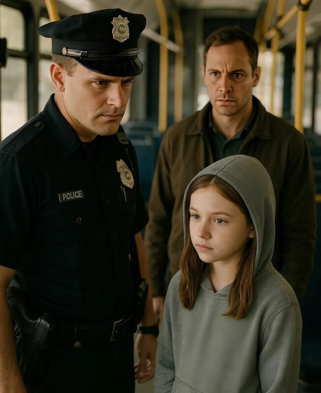 A tall man got on the bus, followed by a girl about seven or eight years old