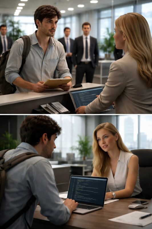 A young man in worn-out clothes walked into the office asking for a job, and no one expected that the director’s daughter’s decision would turn the entire business center upside down and silence even the most arrogant employees