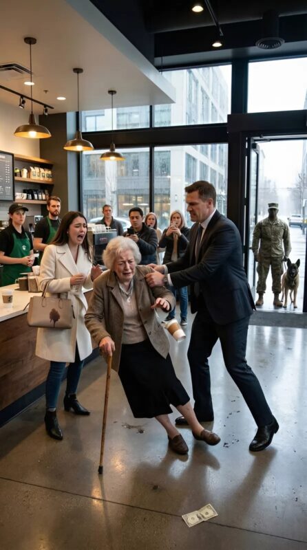 A wealthy couple pushed an elderly woman with a disability because she had accidentally spilled coffee on their expensive bag