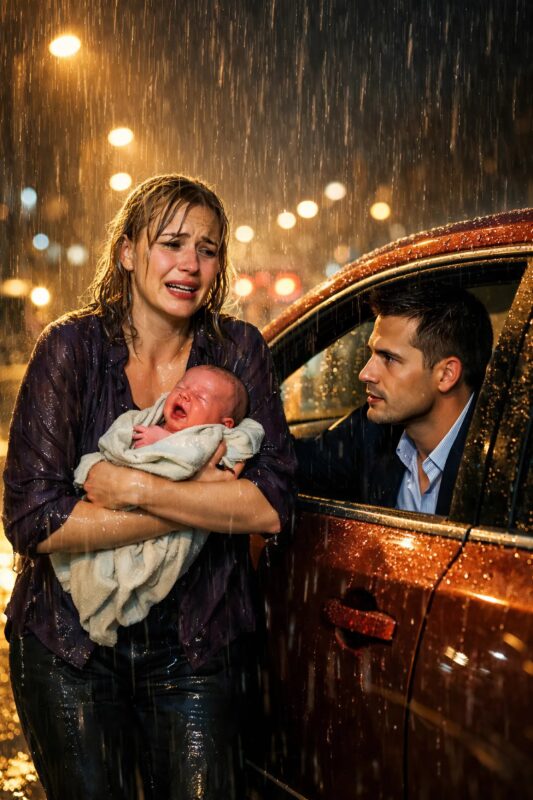 “Please… my daughter is sick. Just give us a ride a little…” The millionaire coldly refused to help the woman with the baby in the pouring rain and, without hesitation, left her alone on the street…