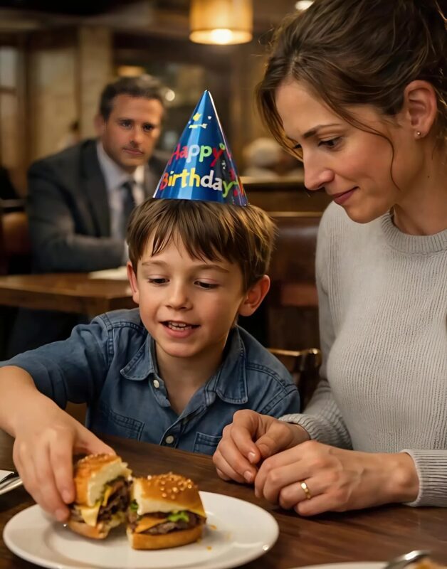 For the boy’s birthday, they ordered only one burger, which the mother divided between the children, assuring them that she wasn’t hungry