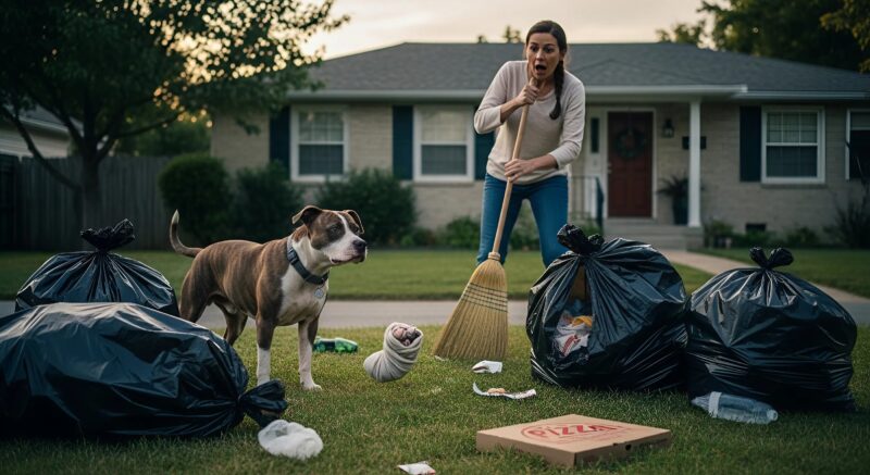 I raised the broom to chase away the annoying pitbull that was digging through the trash in my yard, but when I saw what he pulled out of the black bag, my blood ran cold — this nightmare still haunts me in my dreams