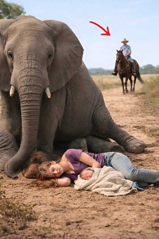 On a deserted road, an enormous elephant appeared in front of me, desperately covering with its body something that could not be seen at first glance