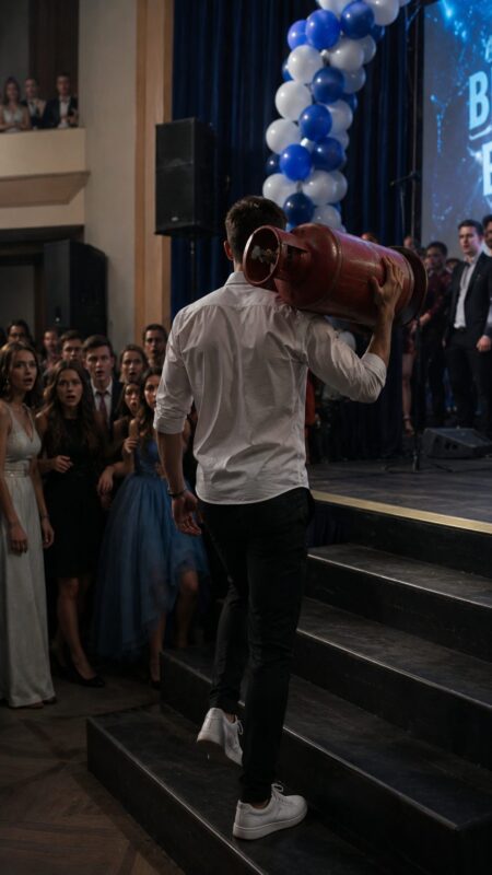 The student unexpectedly walked onto the stage carrying a gas cylinder right in the middle of the graduation ceremony