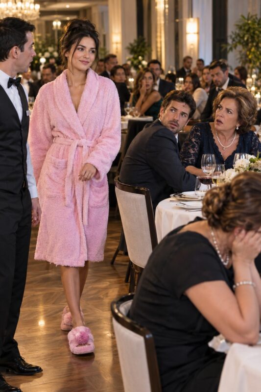 At my son’s milestone celebration, the guests were laughing and raising their glasses in cheerful toasts until I walked into the luxurious restaurant wearing an old dressing gown and house slippers with green pom-poms
